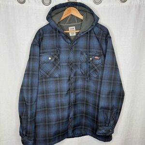 Dickies Jacket Mens XL Blue Black Plaid Flannel Hooded Snap Trap Workwear Street